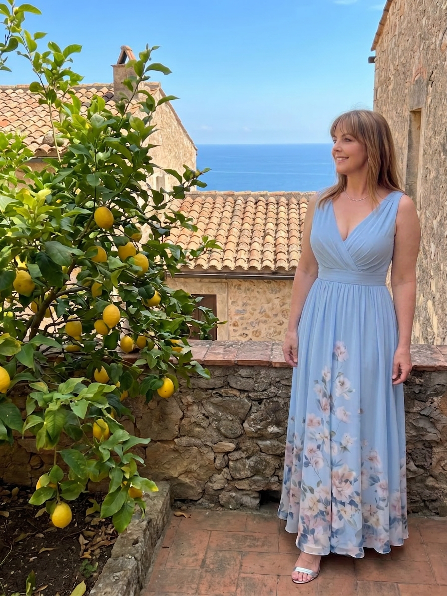 Wanda | Robe Midi Sans Manches à Encolure en V avec Ourlet Floral Doux