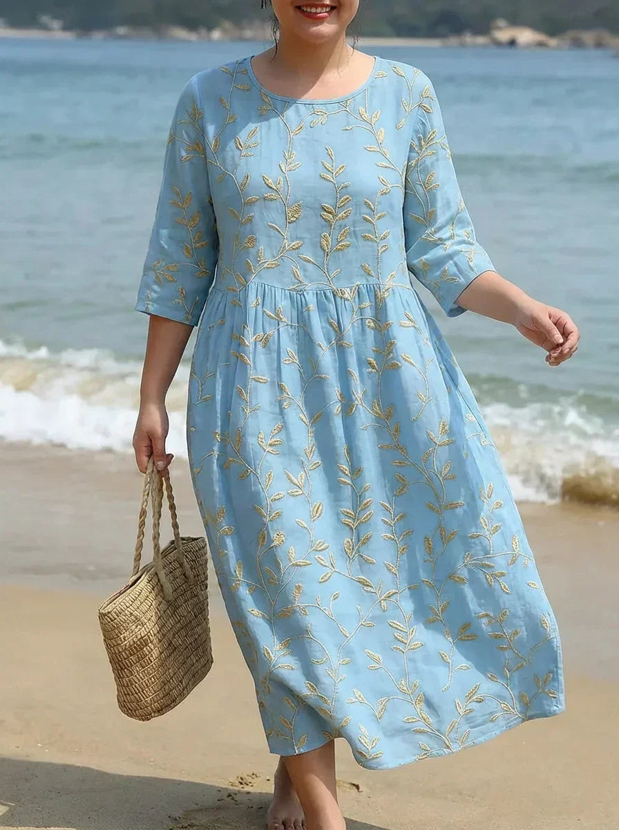 Eulalia | Robe midi à col rond imprimé de plantes et de fleurs