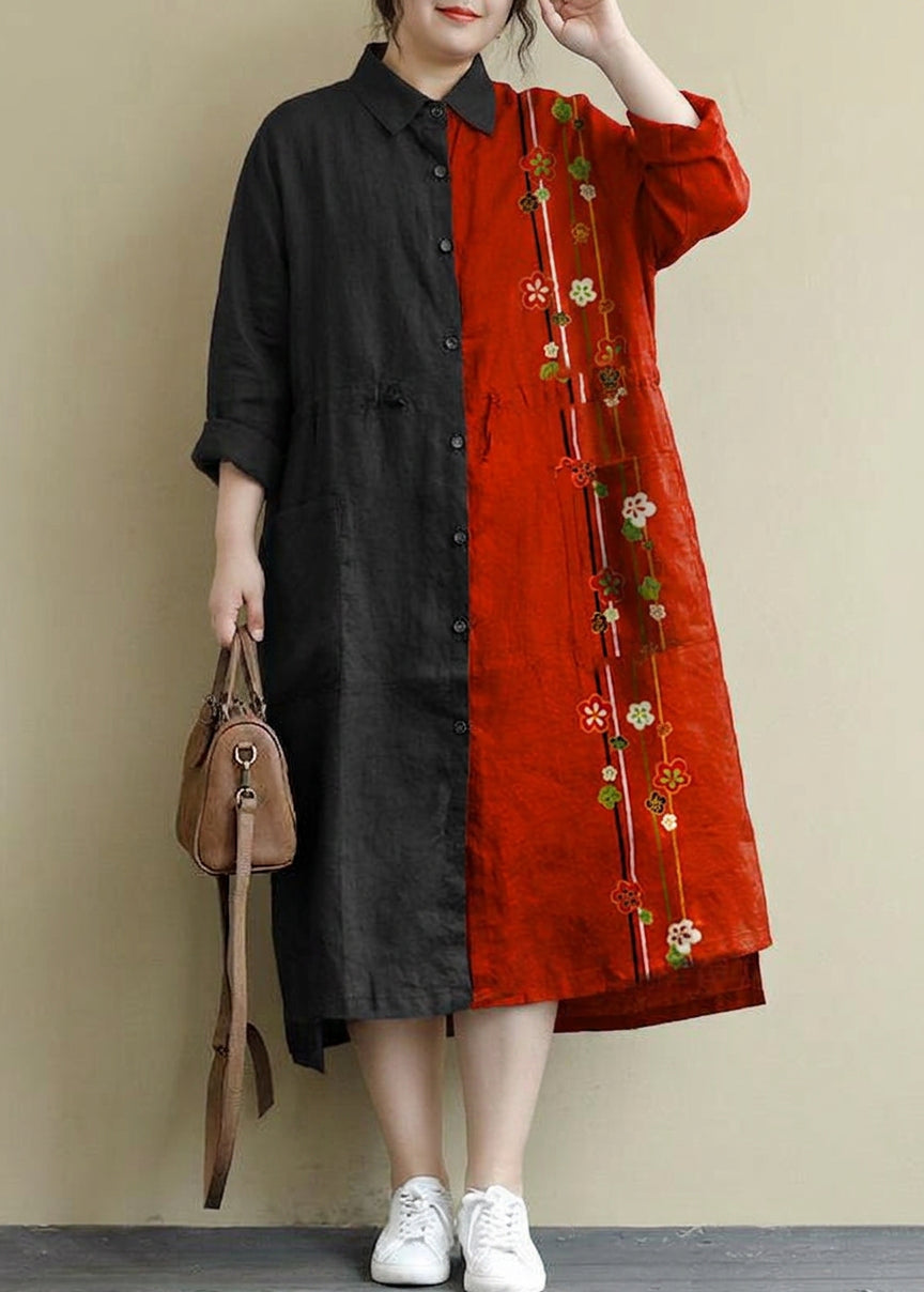 Isolde - Robe Chemise en Lin Rouge Décontractée Oversize Maxi Printemps