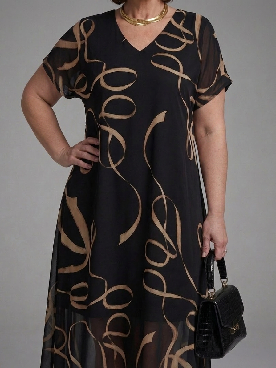 Rin | Robe Midi Abstraite à Manches Courtes