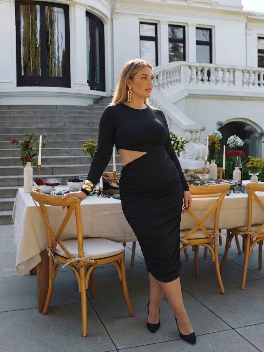 Ingrid | Robe Midi avec Découpe sur le Côté et Manches Longues