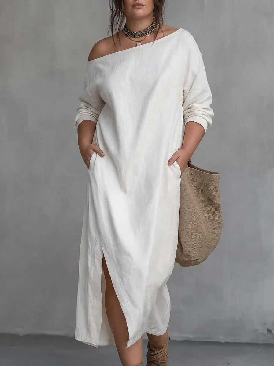 Robe Kaia à Épaules Dénudées avec Fente : Élégance Minimaliste Moderne