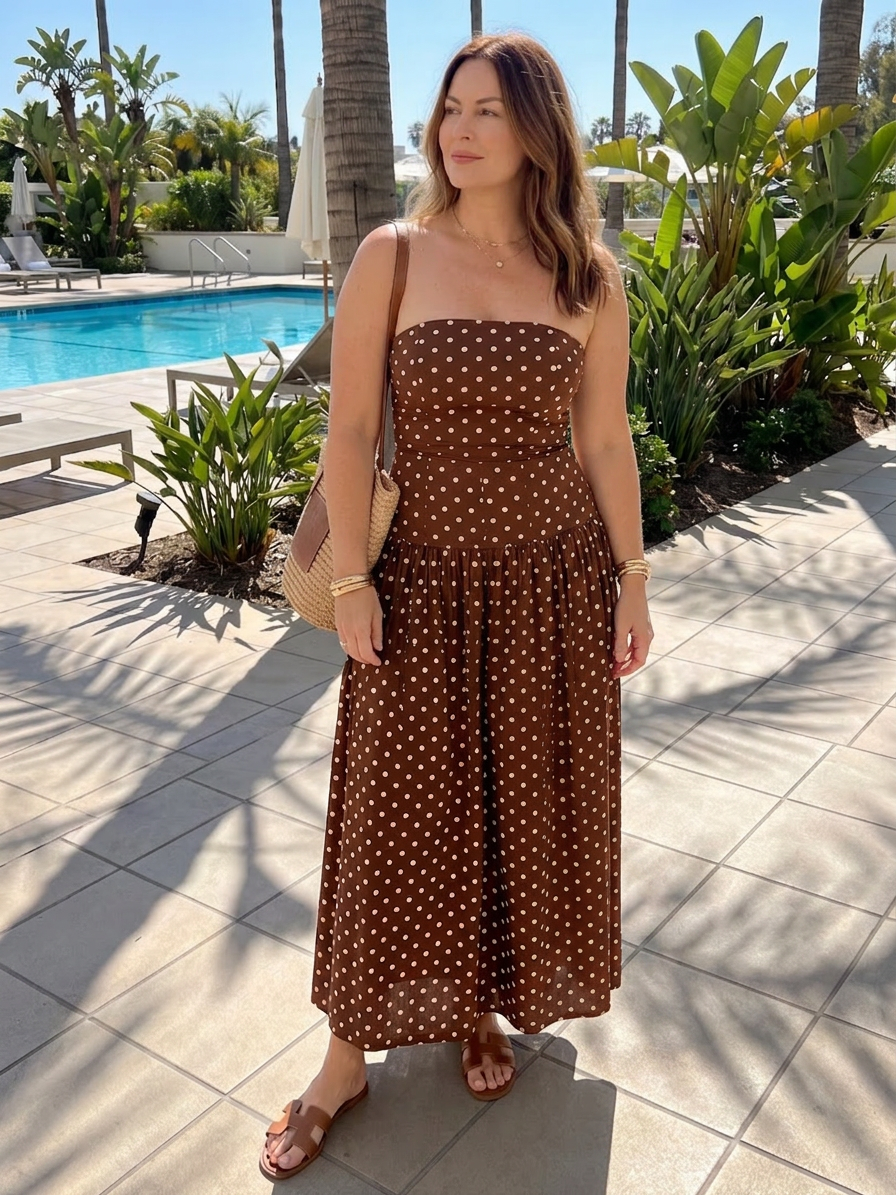 Olwen | Robe midi sans bretelles à motif pois