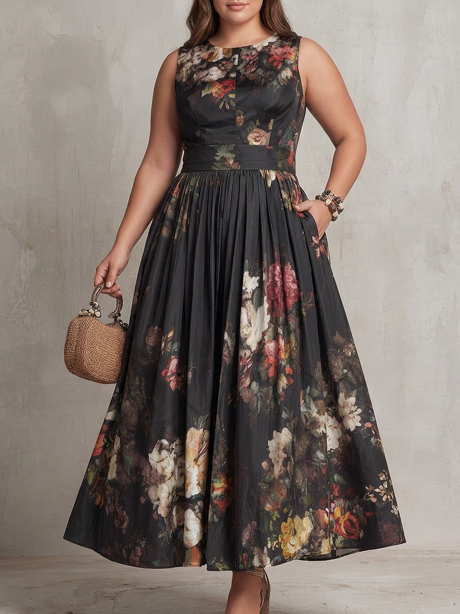 Hana | Robe Midi Plissée en Satin Floral Noir