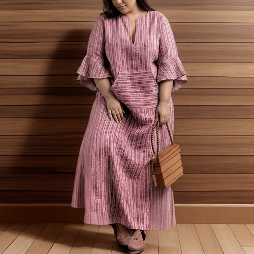 Hailey┃Robe longue décontractée avec rayures vintage et décolleté en V