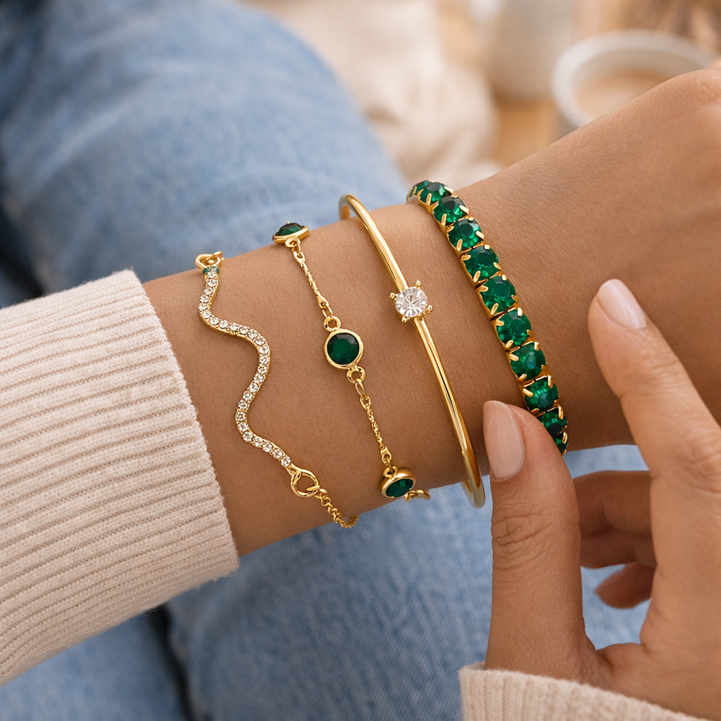 Bracelets Jonc Pierre Verte Ensemble de 4 Pièces