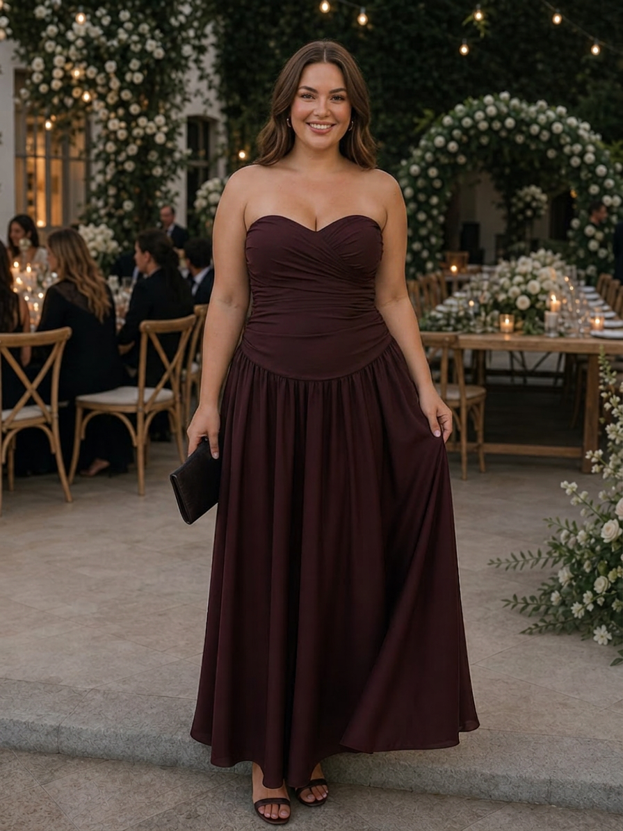 Clemence | Robe midi à corsage froncé sans bretelles