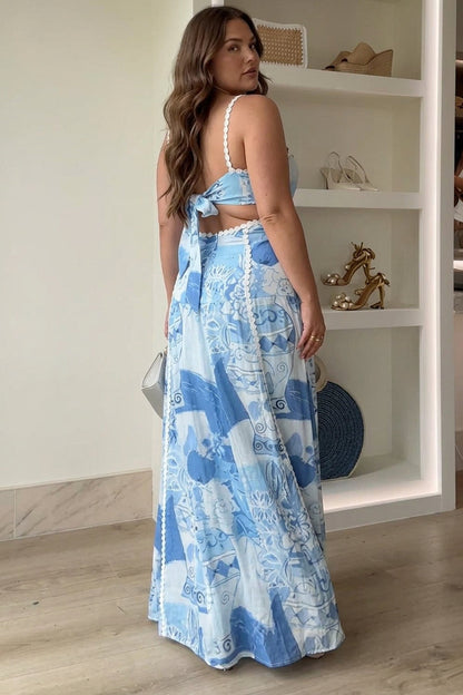 Mira | Robe Maxi Imprimée avec Nœud au Dos en Ric Rac