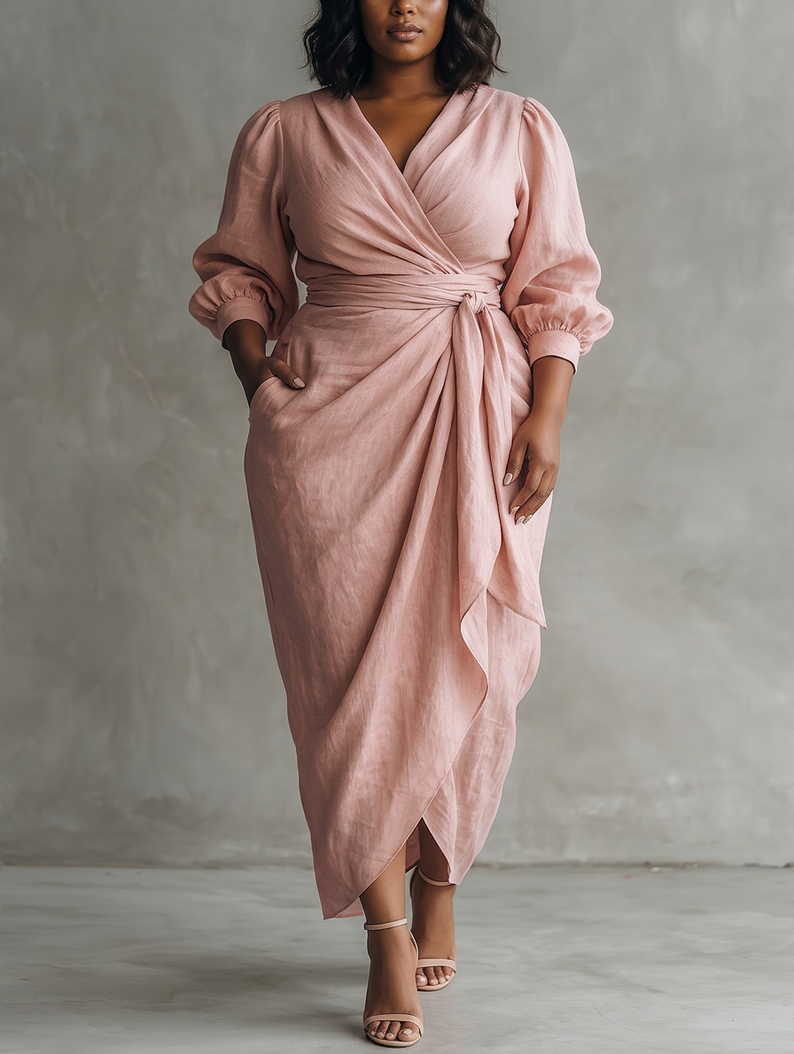 Robe Maxi Minimaliste Rose avec Décolleté en V pour Femmes