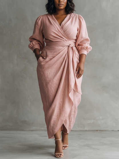 Robe Maxi Minimaliste Rose avec Décolleté en V pour Femmes