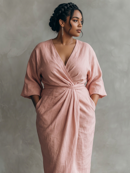 Robe Maxi Minimaliste Rose avec Décolleté en V pour Femmes
