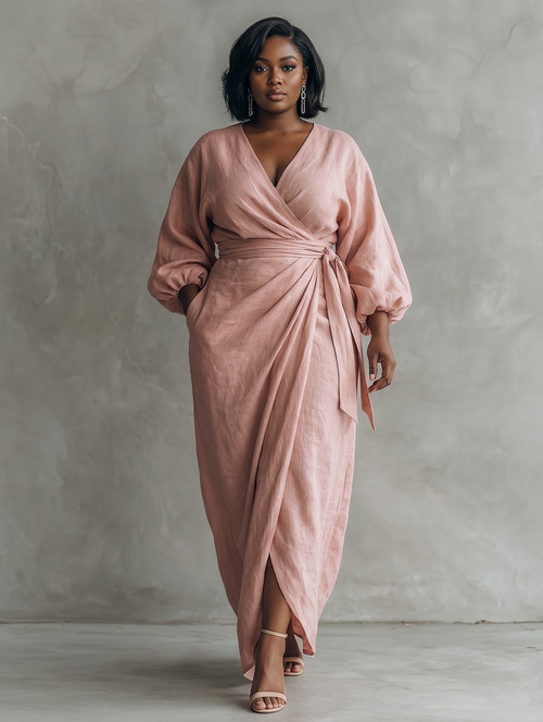 Robe Maxi Minimaliste Rose avec Décolleté en V pour Femmes