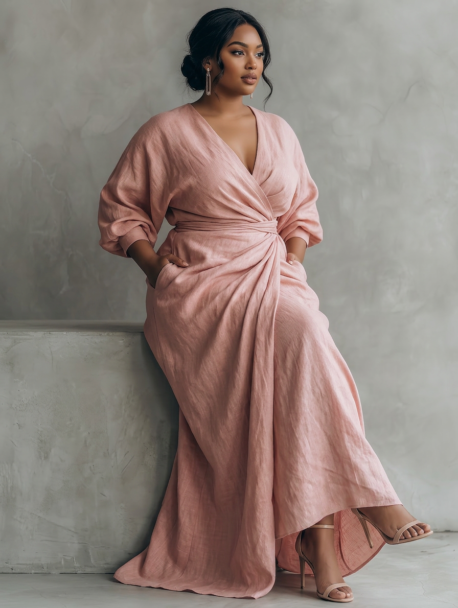 Robe Maxi Minimaliste Rose avec Décolleté en V pour Femmes