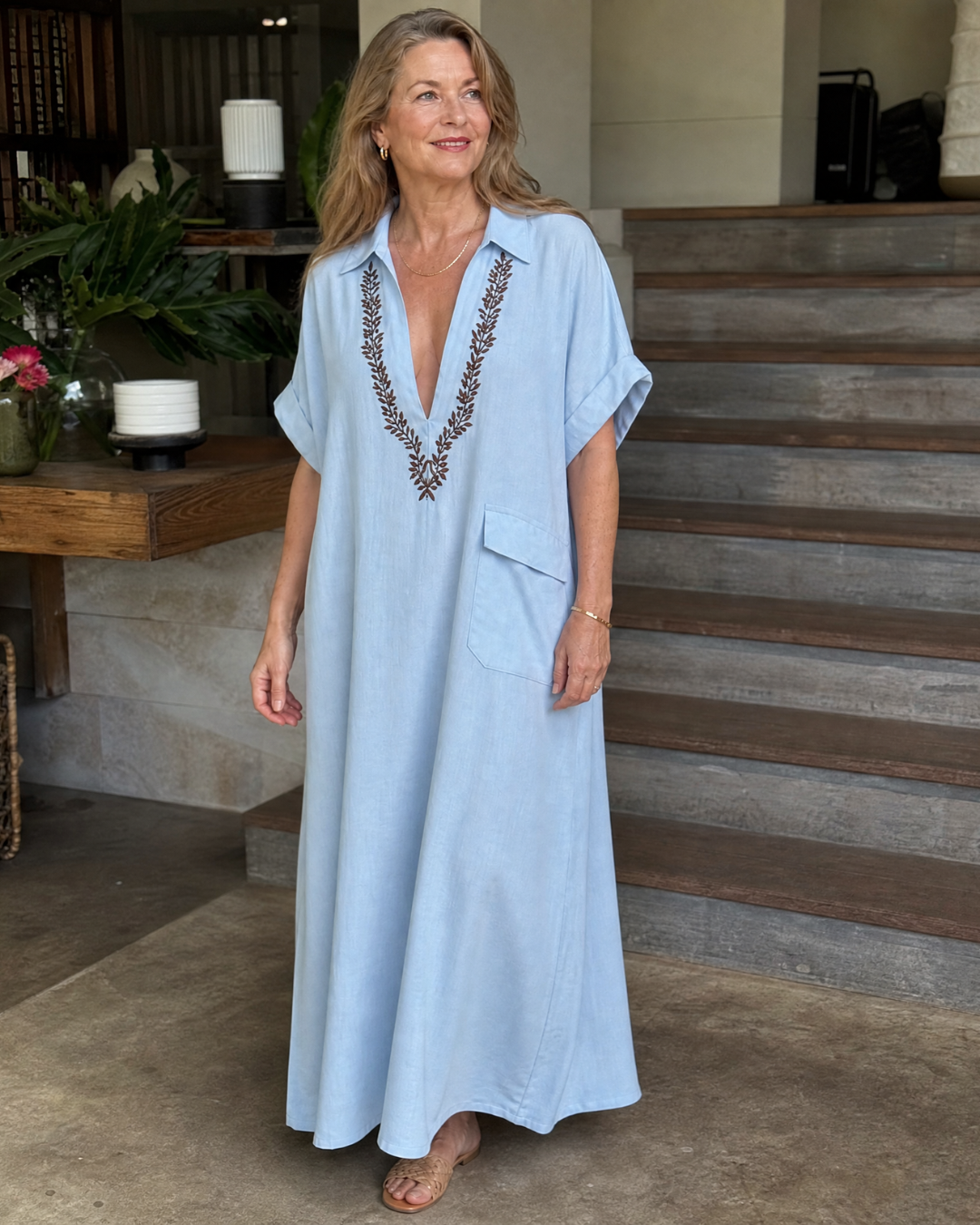 Posy | Robe Maxi Détail Poche Brodée à Col V Détendu