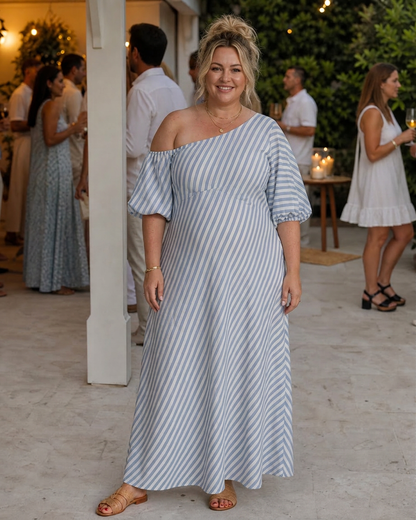 Seraphina | Robe Midi à Manches Bouffantes et Épaules Dégagées Rayée