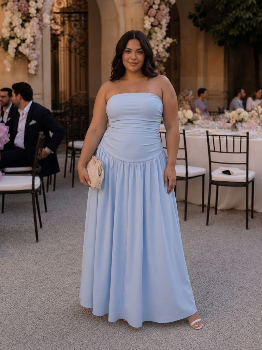 Clemence | Robe midi à corsage froncé sans bretelles
