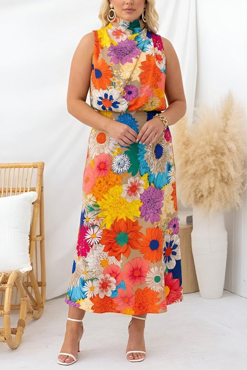 Été | Robe maxi sans manches à col noué et imprimé floral