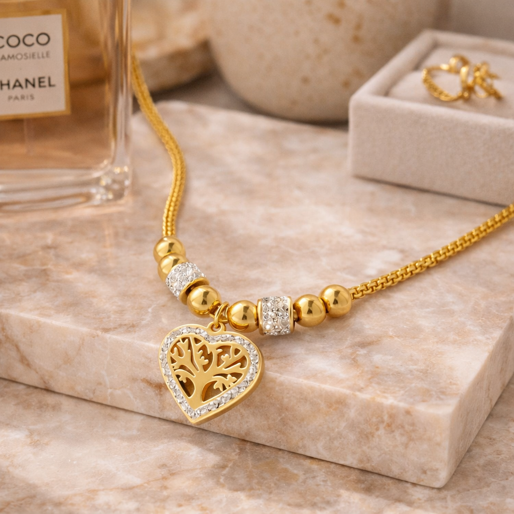 Collier ras de cou perlé Cœur Arbre de Vie