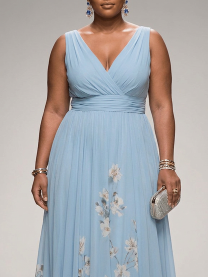 Salma | Robe Maxi Chiffon Fleurie Bleu Clair à Décolleté en V