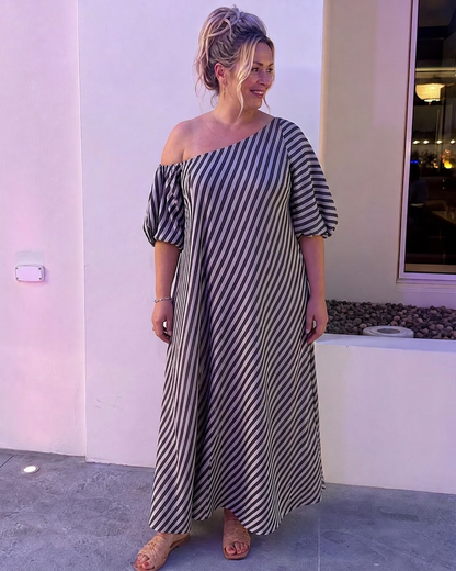 Seraphina | Robe Midi à Manches Bouffantes et Épaules Dégagées Rayée