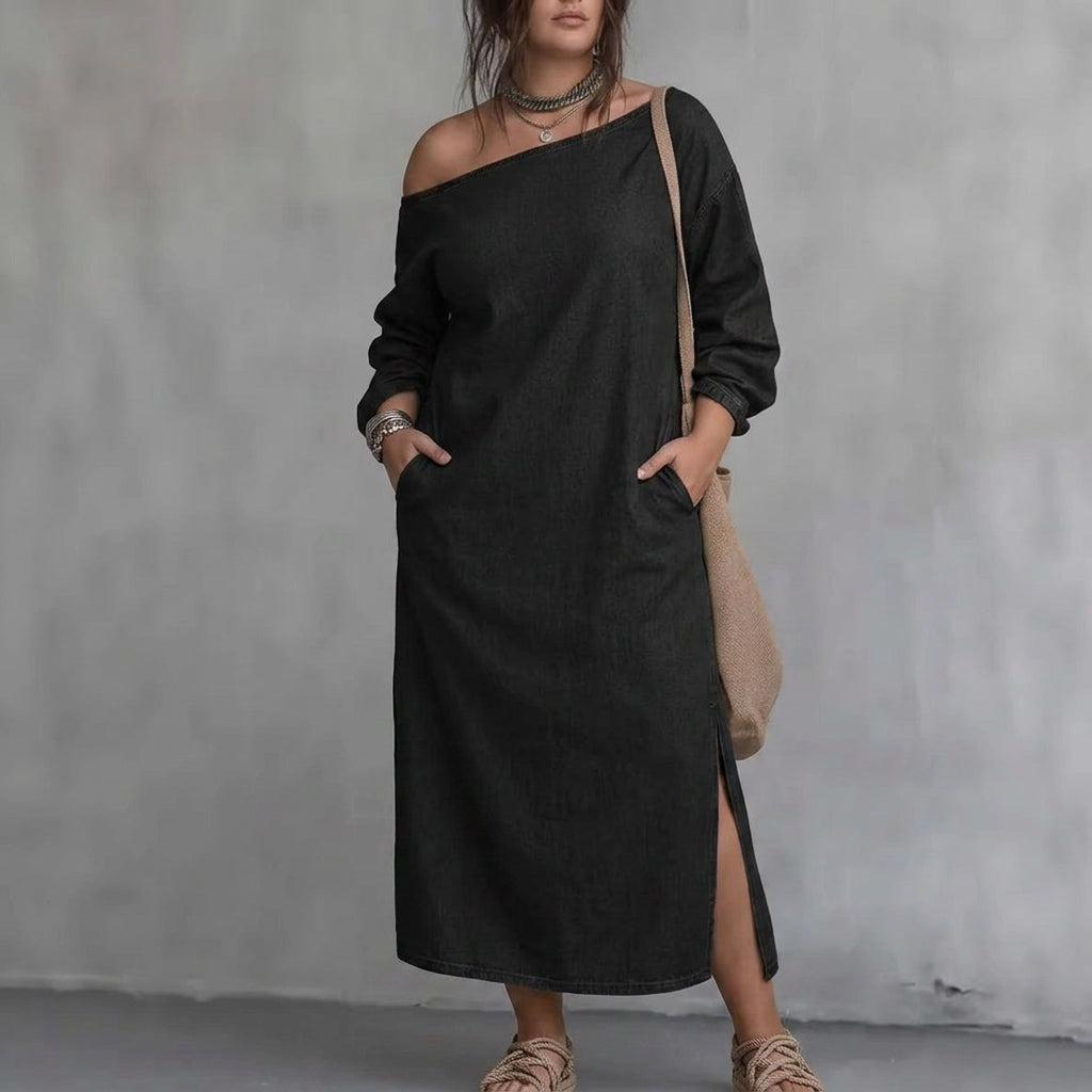 Robe Kaia à Épaules Dénudées avec Fente : Élégance Minimaliste Moderne
