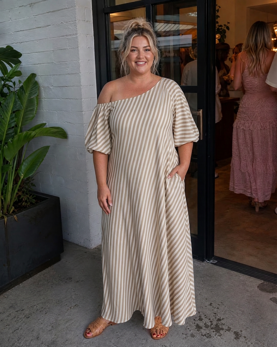 Seraphina | Robe Midi à Manches Bouffantes et Épaules Dégagées Rayée