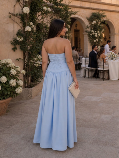 Clemence | Robe midi à corsage froncé sans bretelles