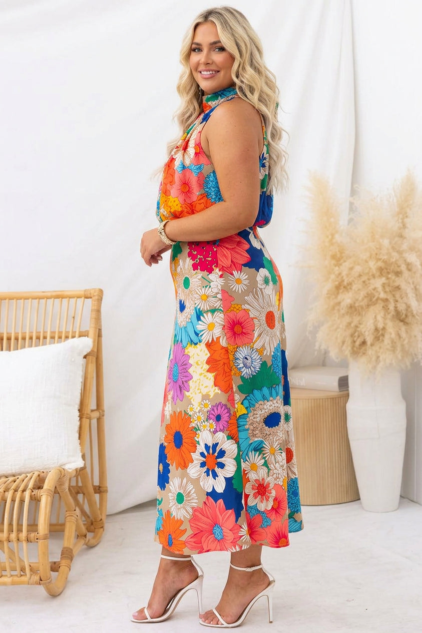 Été | Robe maxi sans manches à col noué et imprimé floral