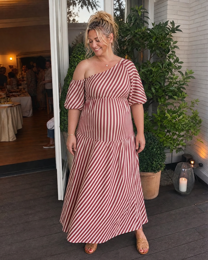 Seraphina | Robe Midi à Manches Bouffantes et Épaules Dégagées Rayée