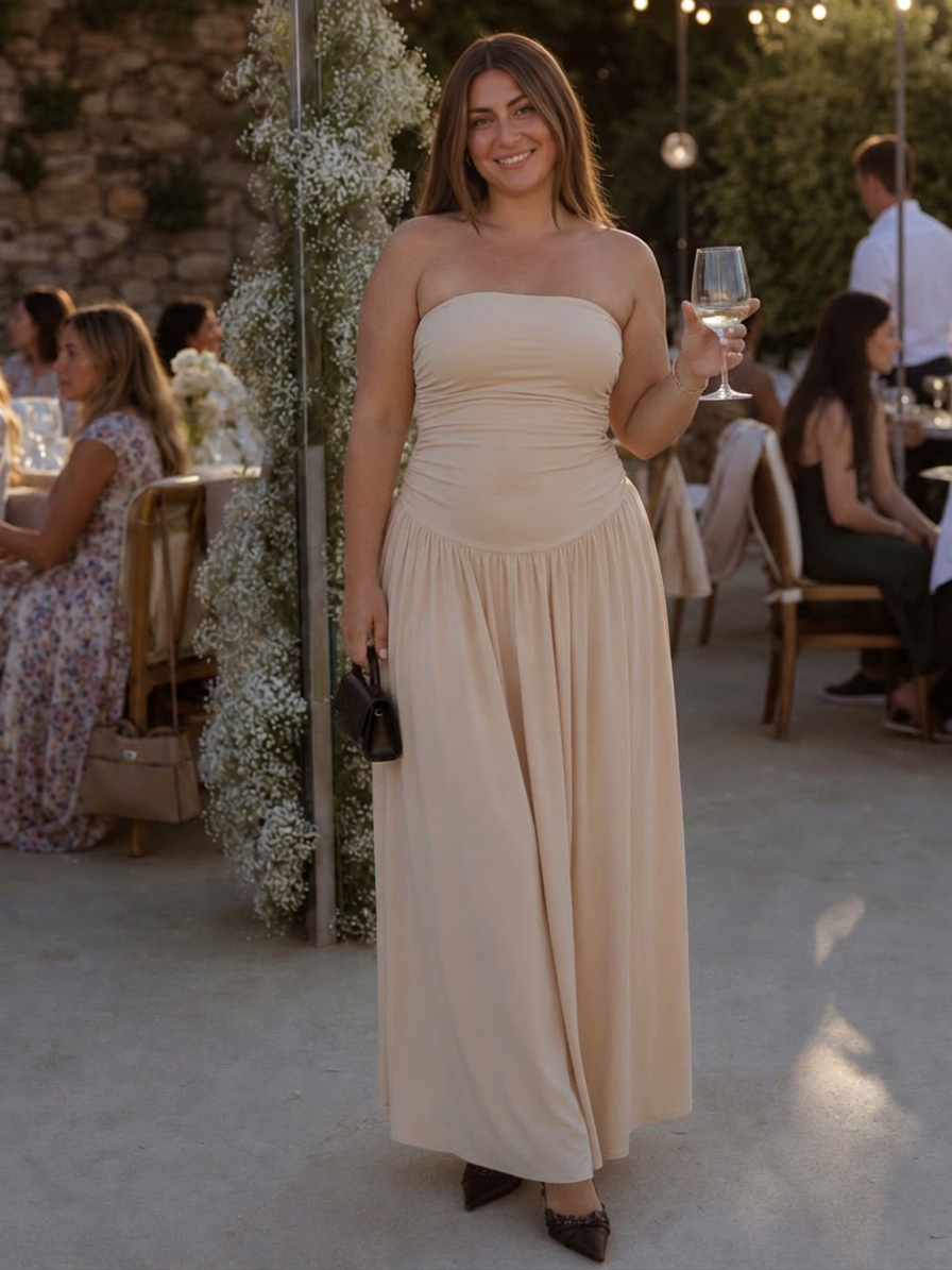 Clemence | Robe midi à corsage froncé sans bretelles