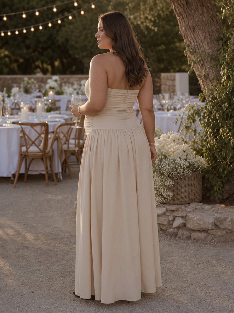 Clemence | Robe midi à corsage froncé sans bretelles