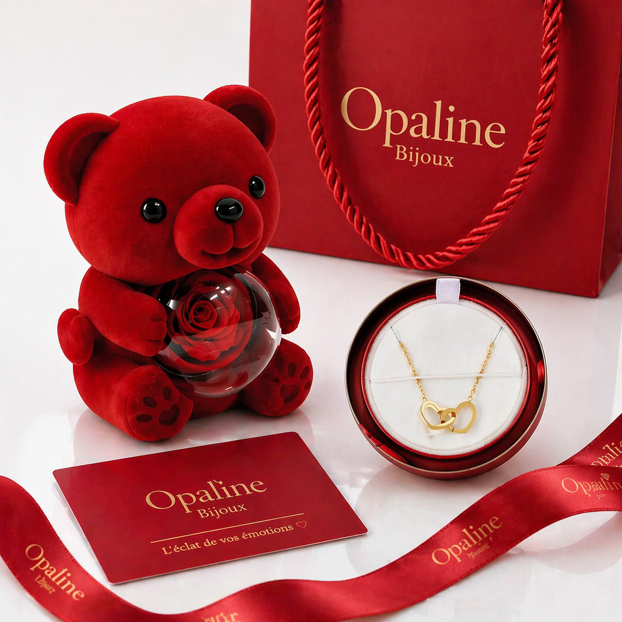 Collier Double Cœur avec Rose Éternelle