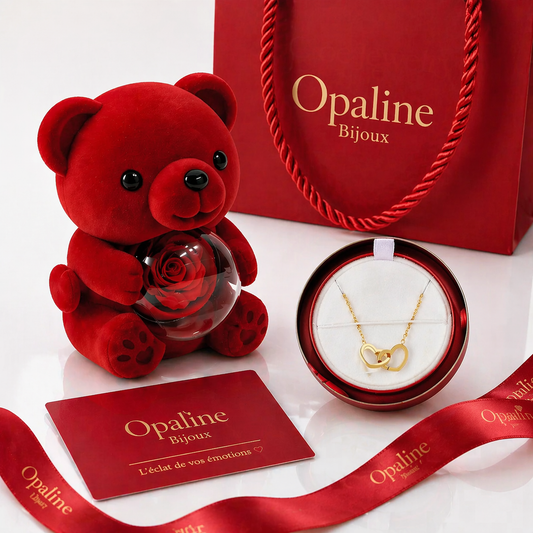 Collier Double Cœur avec Rose Éternelle