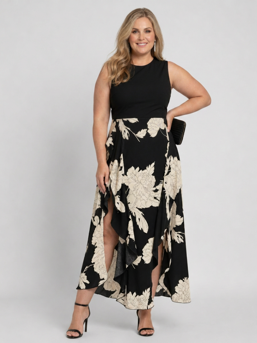 Shiloh | Robe midi sans manches à imprimé floral avec ourlet asymétrique
