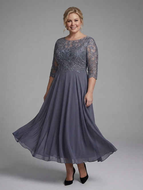 Anwen | Robe Midi avec Corsage en Dentelle et Manches Transparentes