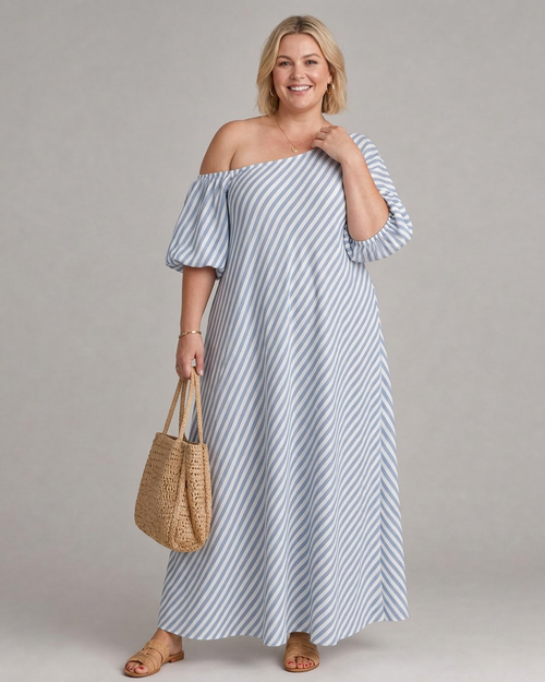 Seraphina | Robe Midi à Manches Bouffantes et Épaules Dégagées Rayée