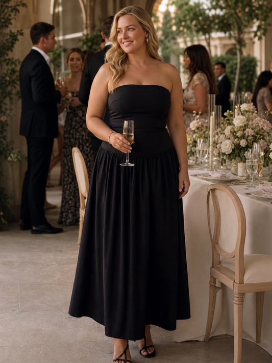 Clemence | Robe midi à corsage froncé sans bretelles