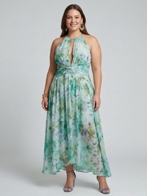 Safran | Robe Midi Plissée à Bretelles Douces avec Motif Floral