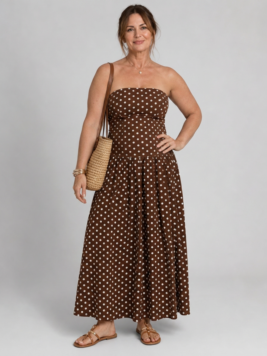 Olwen | Robe midi sans bretelles à motif pois
