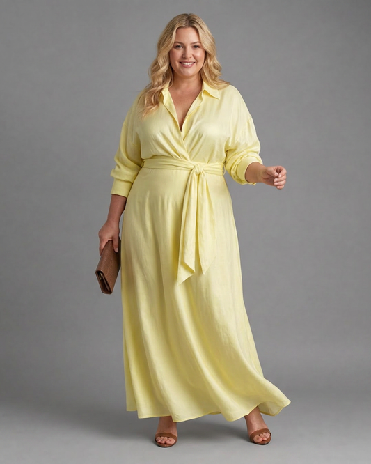 Astrid | Robe midi fluide à col ceinturé et manches longues
