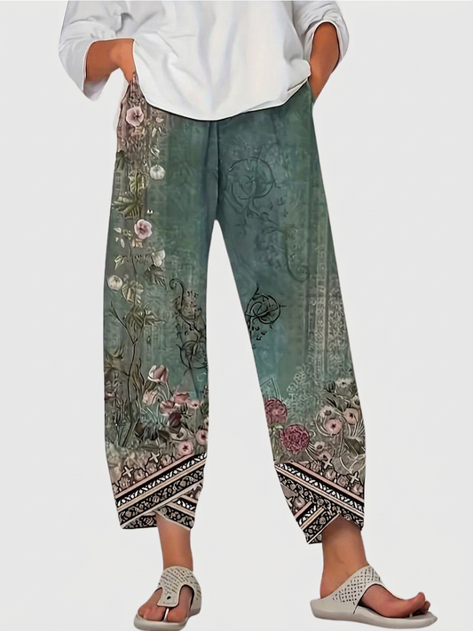 Olwen | Pantalon Capri Floral Vintage avec Taille Élastique