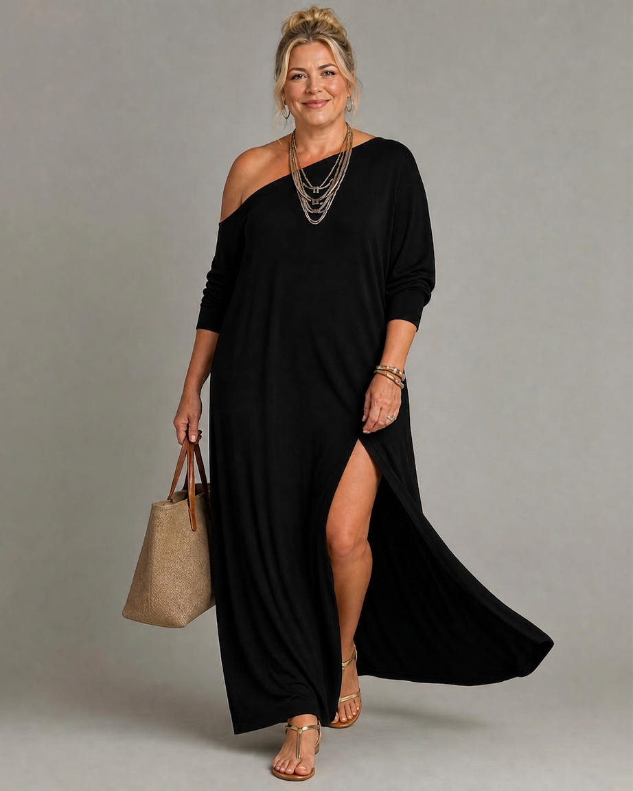 Magnolia | Robe Midi Fluide à Épaule Dénudée avec Fente Latérale