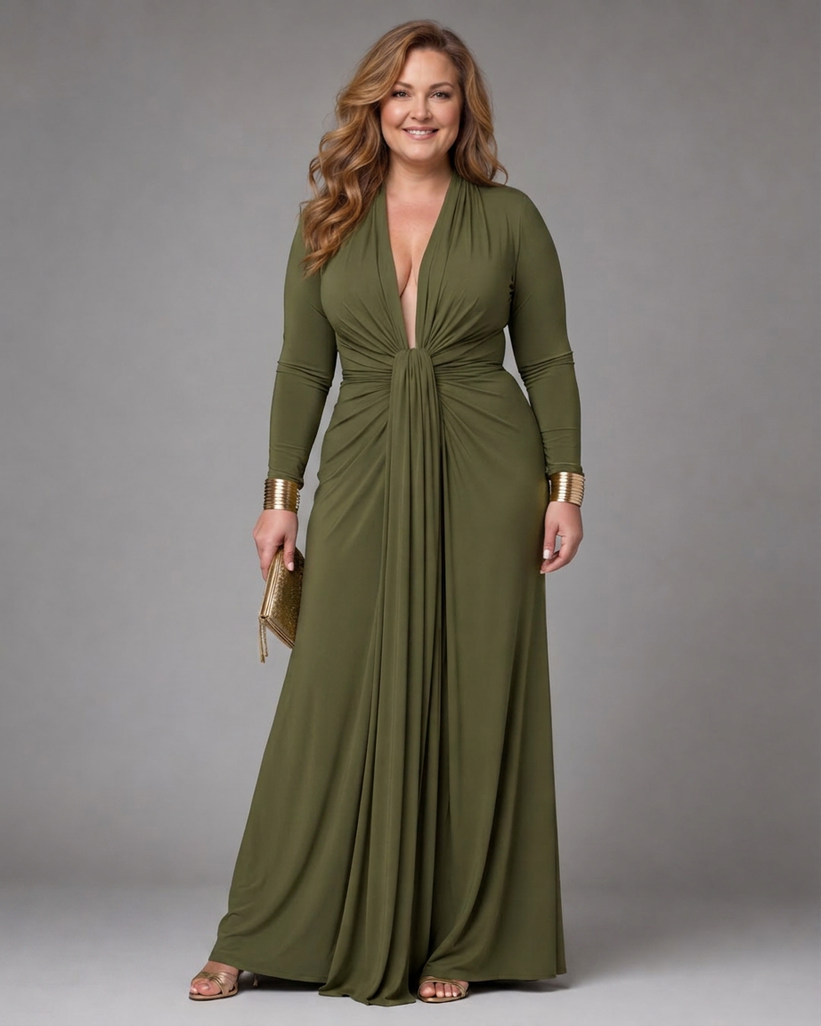 Vienne | Robe Maxi à Manches Longues et Décolleté V Profond Drapée