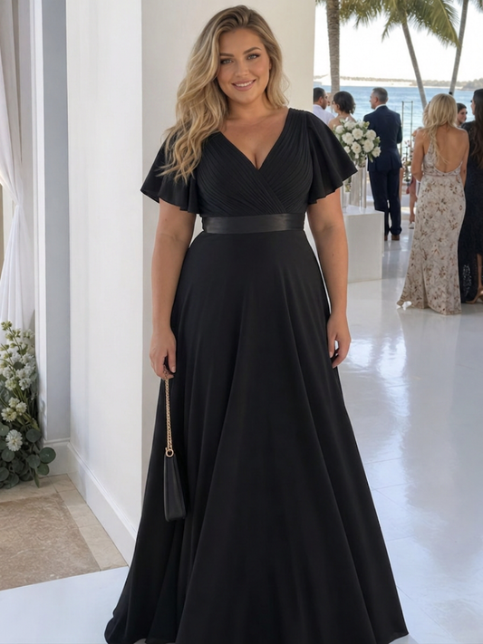 Cataleya | Robe maxi à manches courtes en flutter avec taille définie