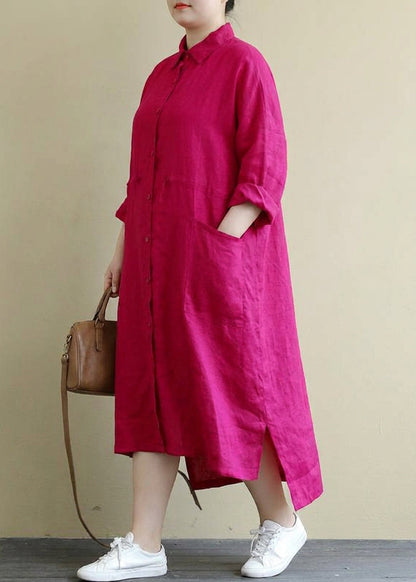 Isolde - Robe Chemise en Lin Rouge Décontractée Oversize Maxi Printemps