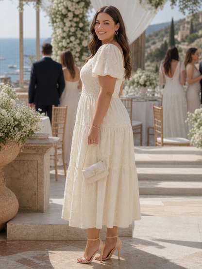 Belen | Robe Midi à Détail Floral Texturé à Manches Courtes