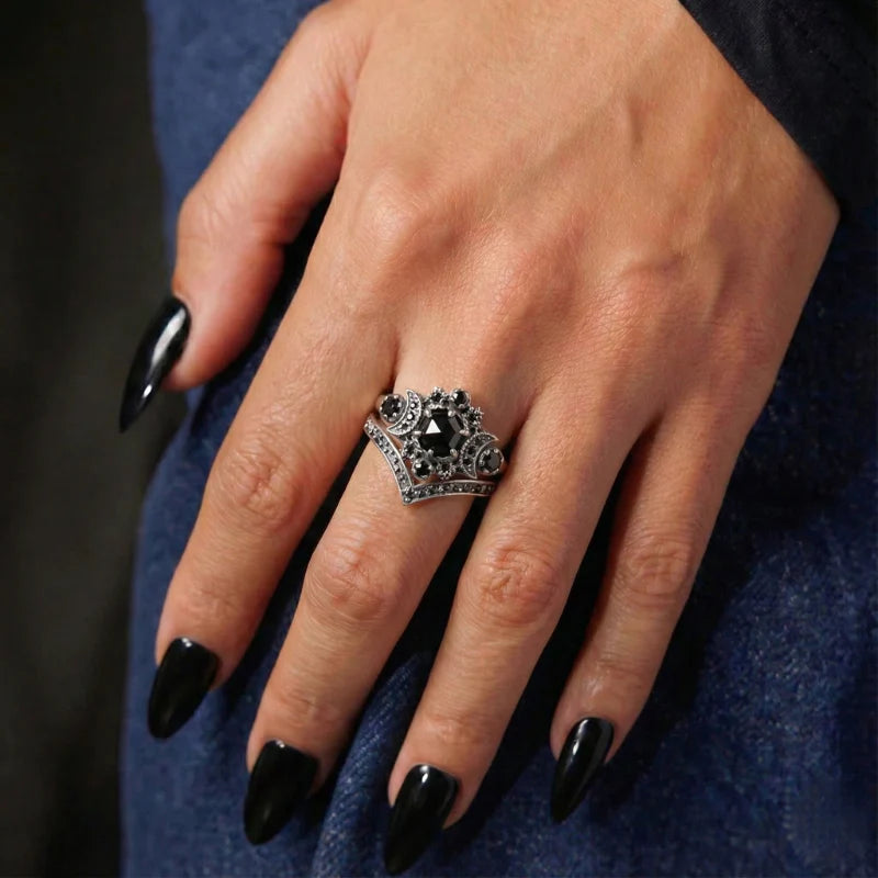 Bague Triple Lune Pierres Noires