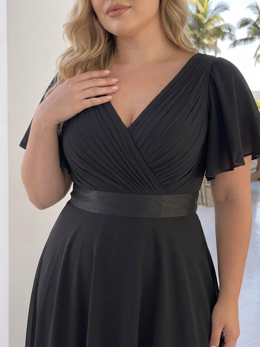 Cataleya | Robe maxi à manches courtes en flutter avec taille définie