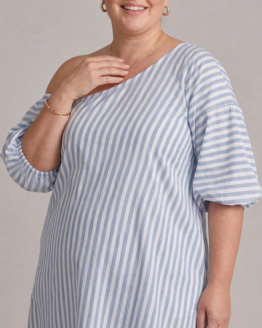 Seraphina | Robe Midi à Manches Bouffantes et Épaules Dégagées Rayée