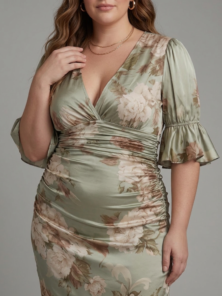 Wilhelmina | Robe Midi à Manches Courtes en V avec Taille Froncée